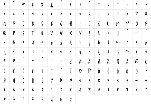 Raqilla Kids Regular  glyph index