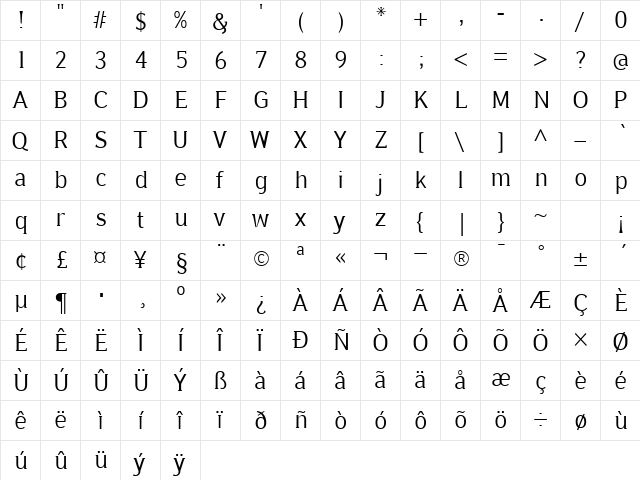 IdeologicaLight Regular  glyph index