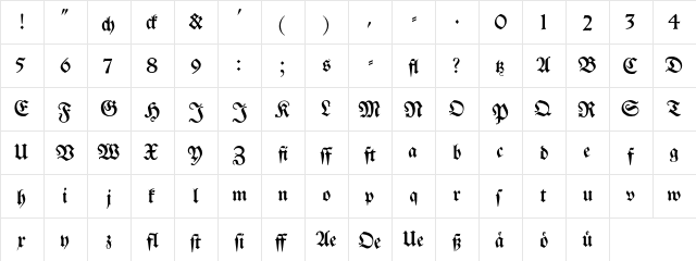 Breitkopf Fraktur Regular  glyph index