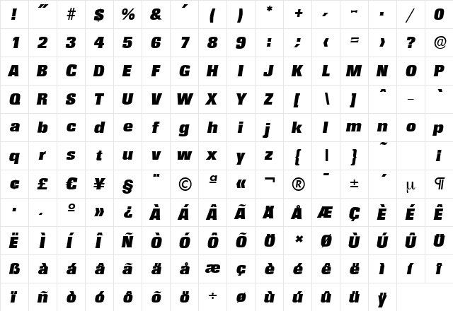 RochesterSerial-Black Italic  glyph index