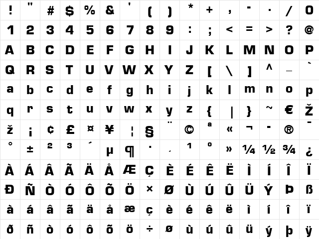 Eurostile LT Bold Regular  glyph index