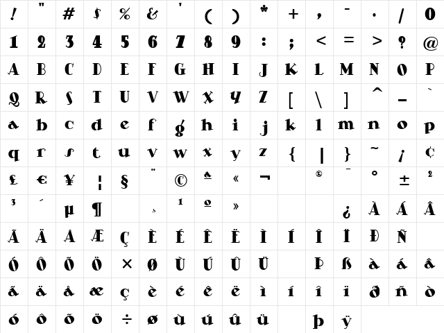 Steppin Out BT Regular  glyph index