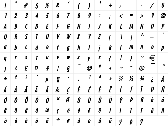 Fuji BoldItalic  glyph index