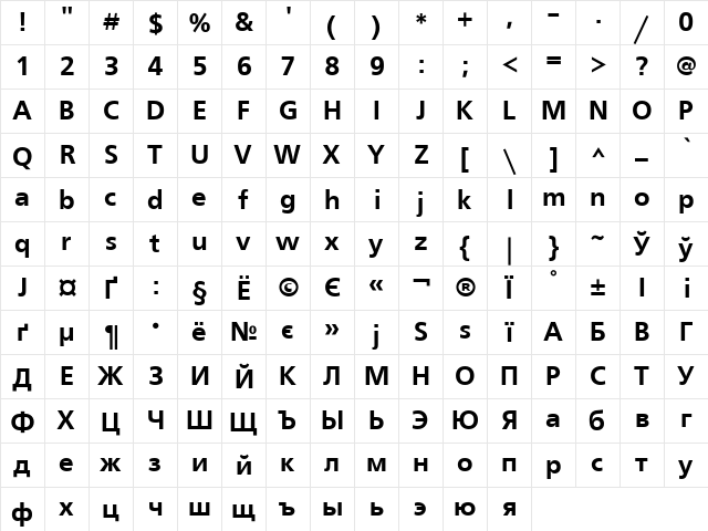 UkrainianFreeSet Bold  glyph index