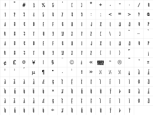 GreatRelief Regular  glyph index