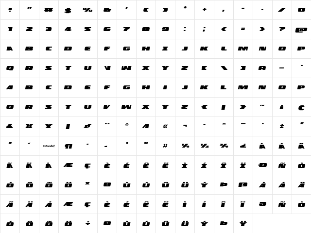 Police Cruiser Expanded Italic Expanded Italic  glyph index