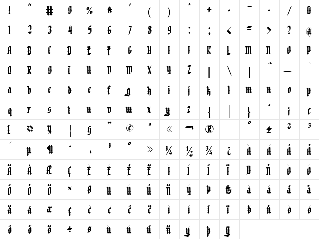 Font Negra Regular  glyph index