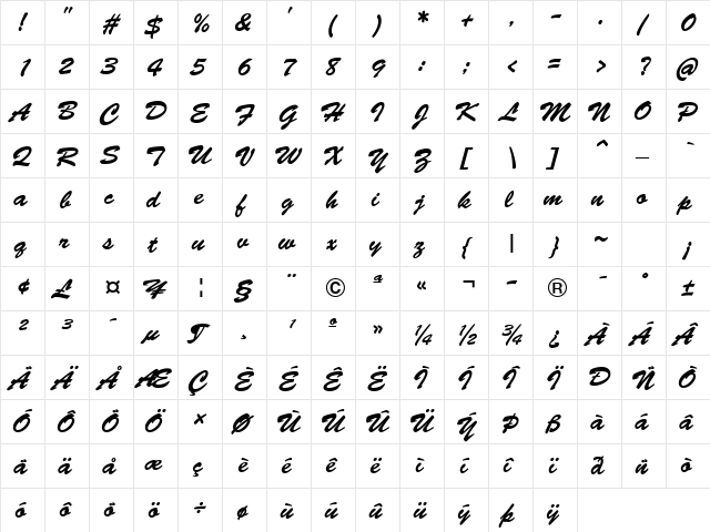 Bermuda Script Regular  glyph index