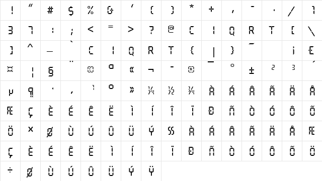 Quartz Regular  glyph index