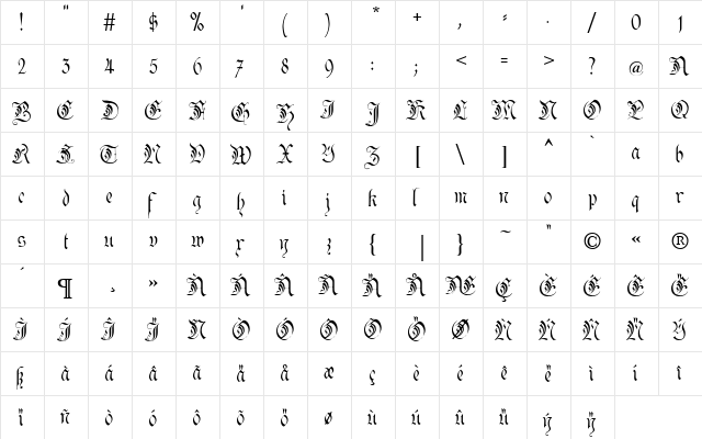Kanzler Regular  glyph index