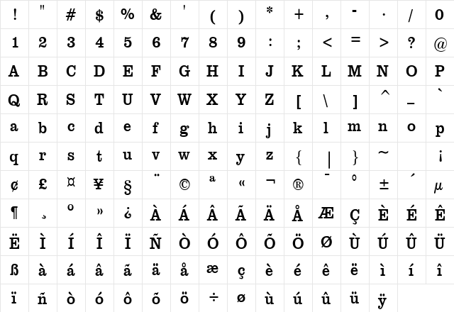 Clare Thin Normal  glyph index