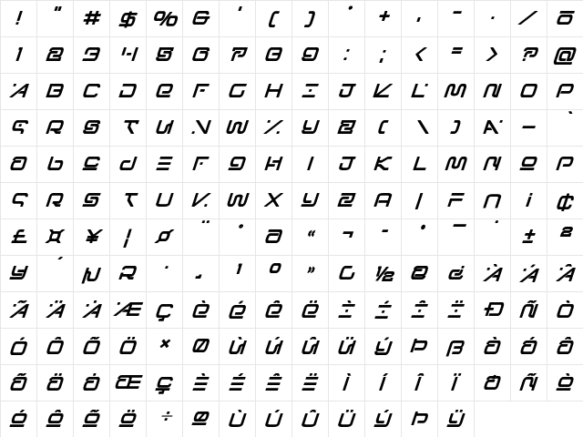 Foreign Alien Extra-Bold Italic Extra-Bold Italic  glyph index