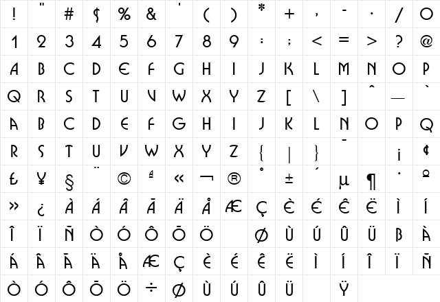 Busorama Bold  glyph index
