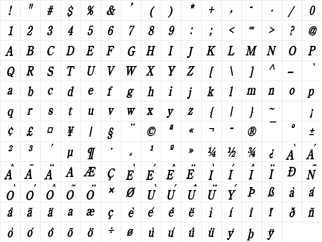 Cento Condensed BoldItalic  glyph index