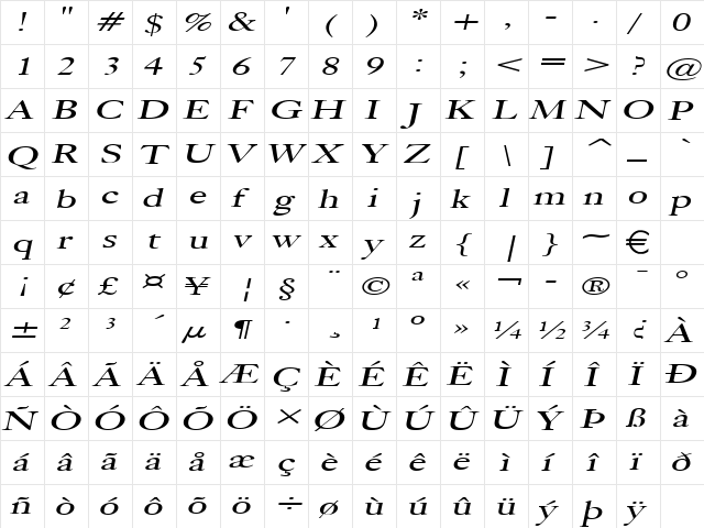 BlissExtended Italic  glyph index