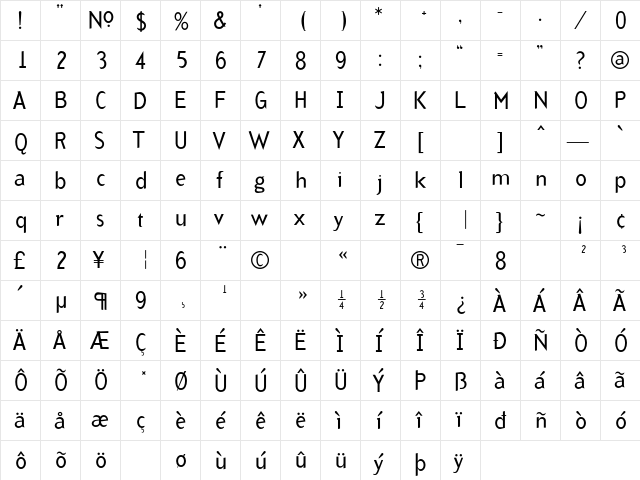 Arbitrary Roman  glyph index