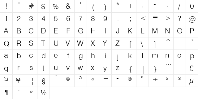 Swis721Greek Lt BT Light  glyph index