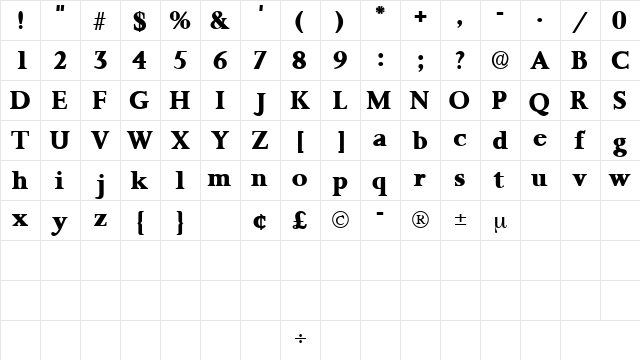 ProrenataDisplaySSK Regular  glyph index