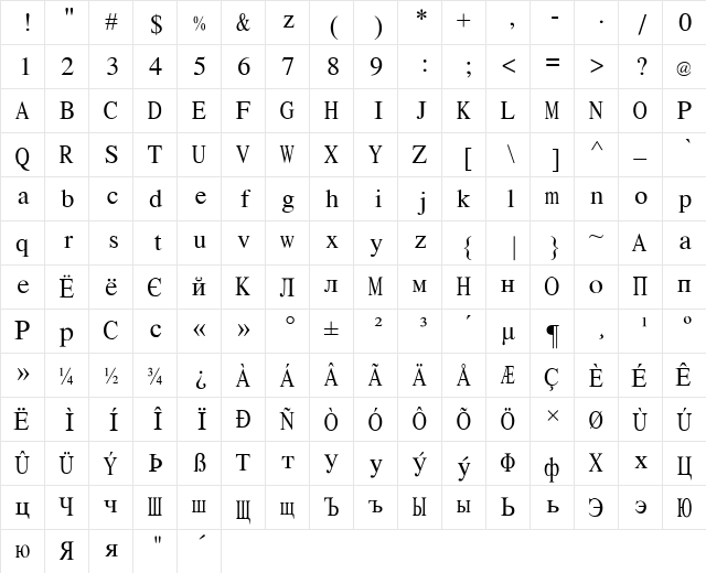 Pravda Fixed Pitch Regular  glyph index