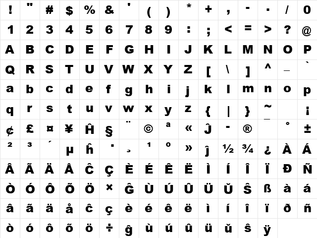Arial MT Black Eo Regular  glyph index