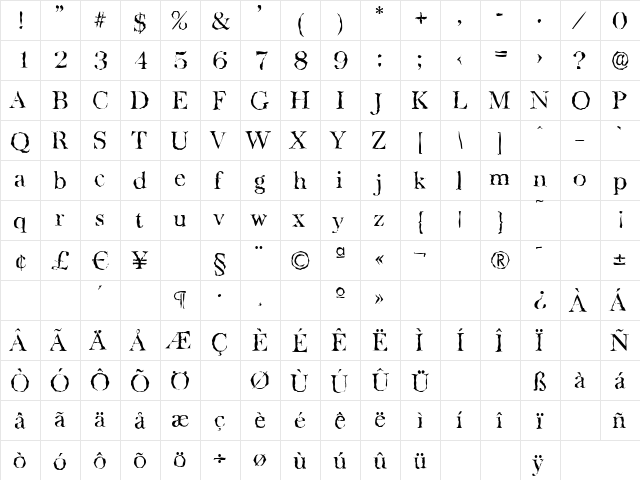BaskervilleRandom-Light Regular  glyph index