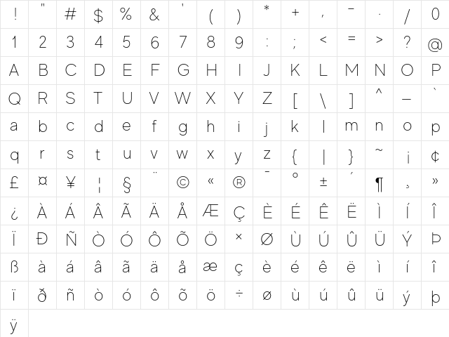 MADE Evolve Sans Thin  glyph index