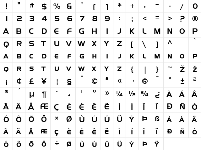SF Fourche SC Regular  glyph index