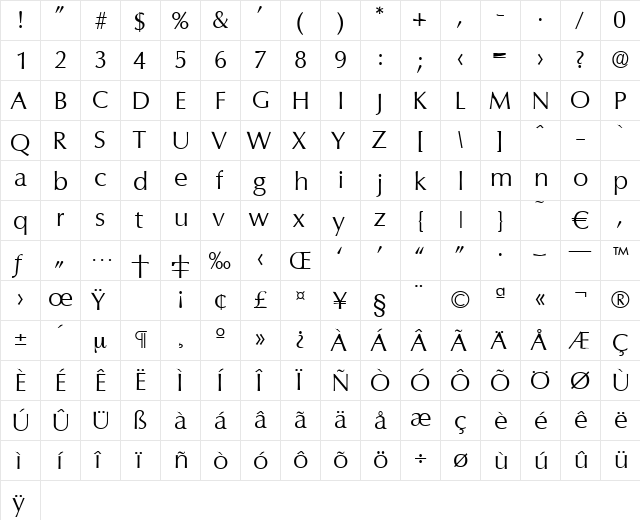 Columbia-Light Regular  glyph index