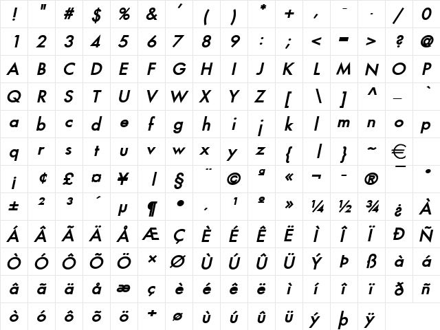 Fusi BoldItalic  glyph index