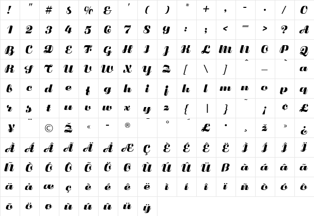 FluidumBold Regular  glyph index