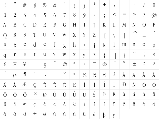 ITC Garamond Light Narrow  glyph index