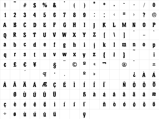 HeliumAntique-Xbold Regular  glyph index