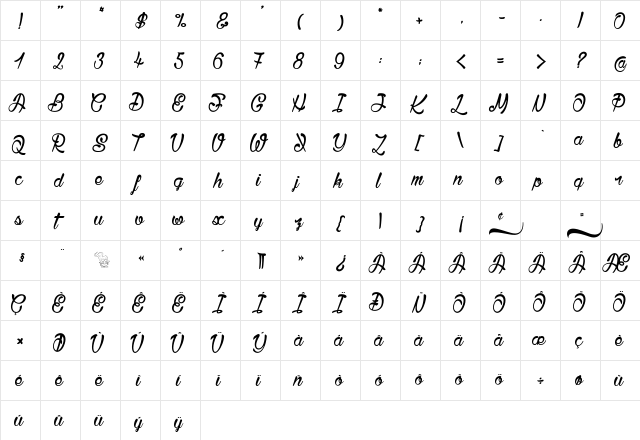 Bisous Regular  glyph index