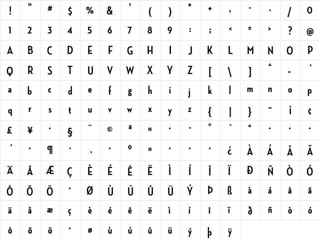 Neutraface Condensed Bold  glyph index