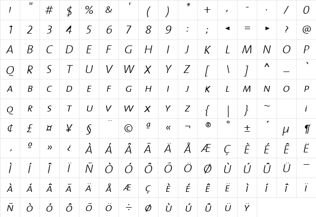 TheSansLight-CapsItalic Regular  glyph index