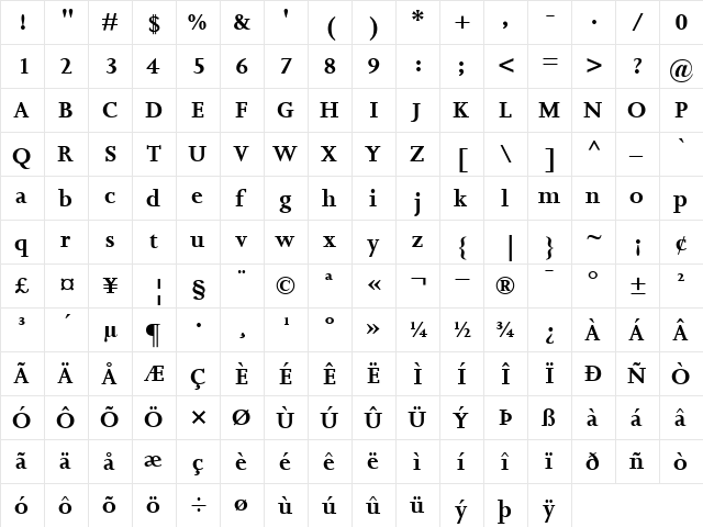 JoannaMT Bold  glyph index