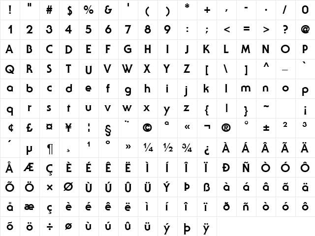 JennyExtDB Bold  glyph index
