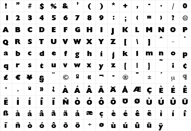 DavidBecker-Heavy Regular  glyph index