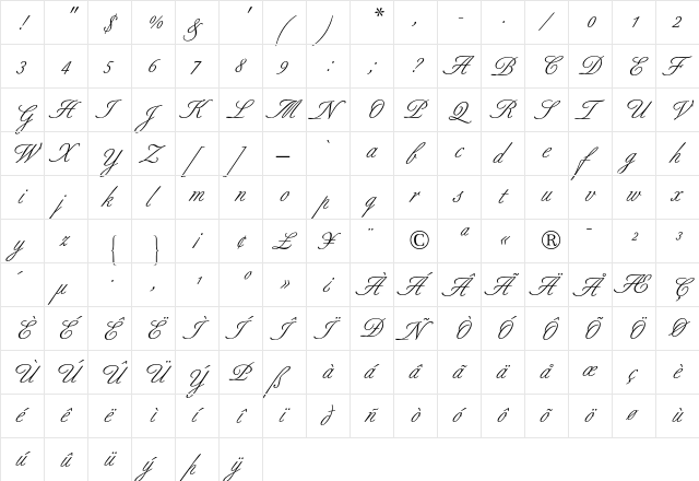Berthold Script Regular  glyph index