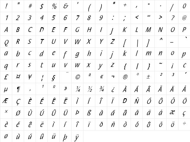 FloraCndObl-Normal Regular  glyph index