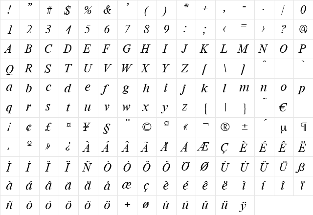 Riccione-LightIta Regular  glyph index