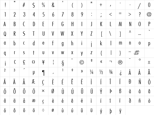 Kudos Light Condensed SSi Light Condensed  glyph index