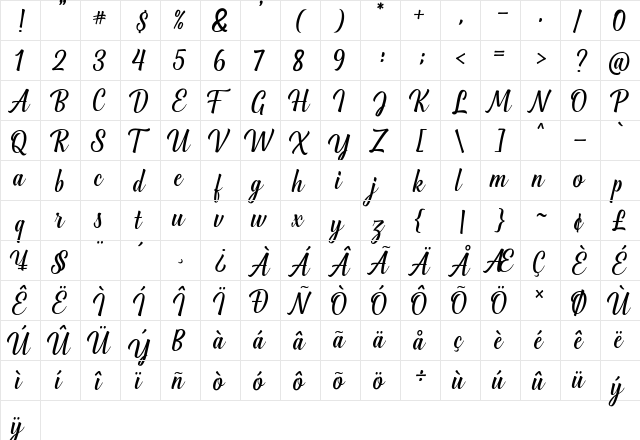 Greenlight Script Regular  glyph index
