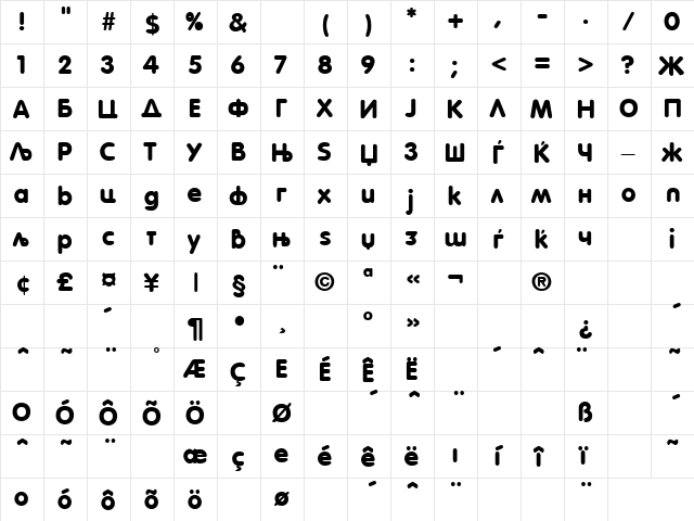 VOGUE kir Bold  glyph index