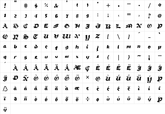 Blood Regular  glyph index