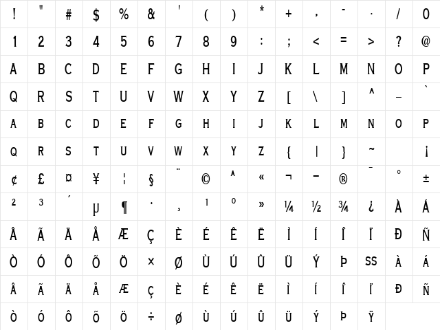 Font Regular  glyph index