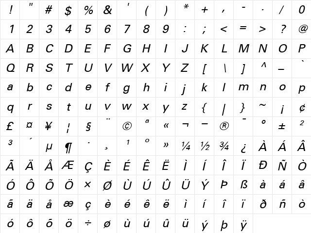 Univers55 RomanItalic  glyph index