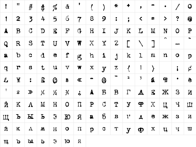 DS VTCorona Cyr Regular  glyph index