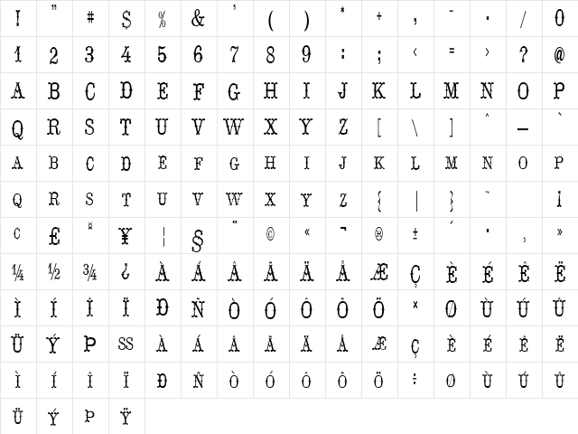 Hoedown Regular  glyph index