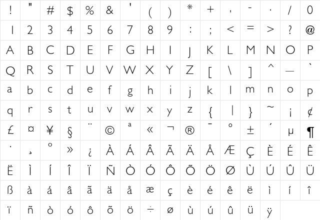 Gentle SansLight  glyph index